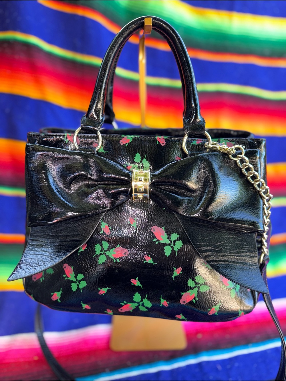 Betsey Johnson Black Patent Floral Bow Satchel